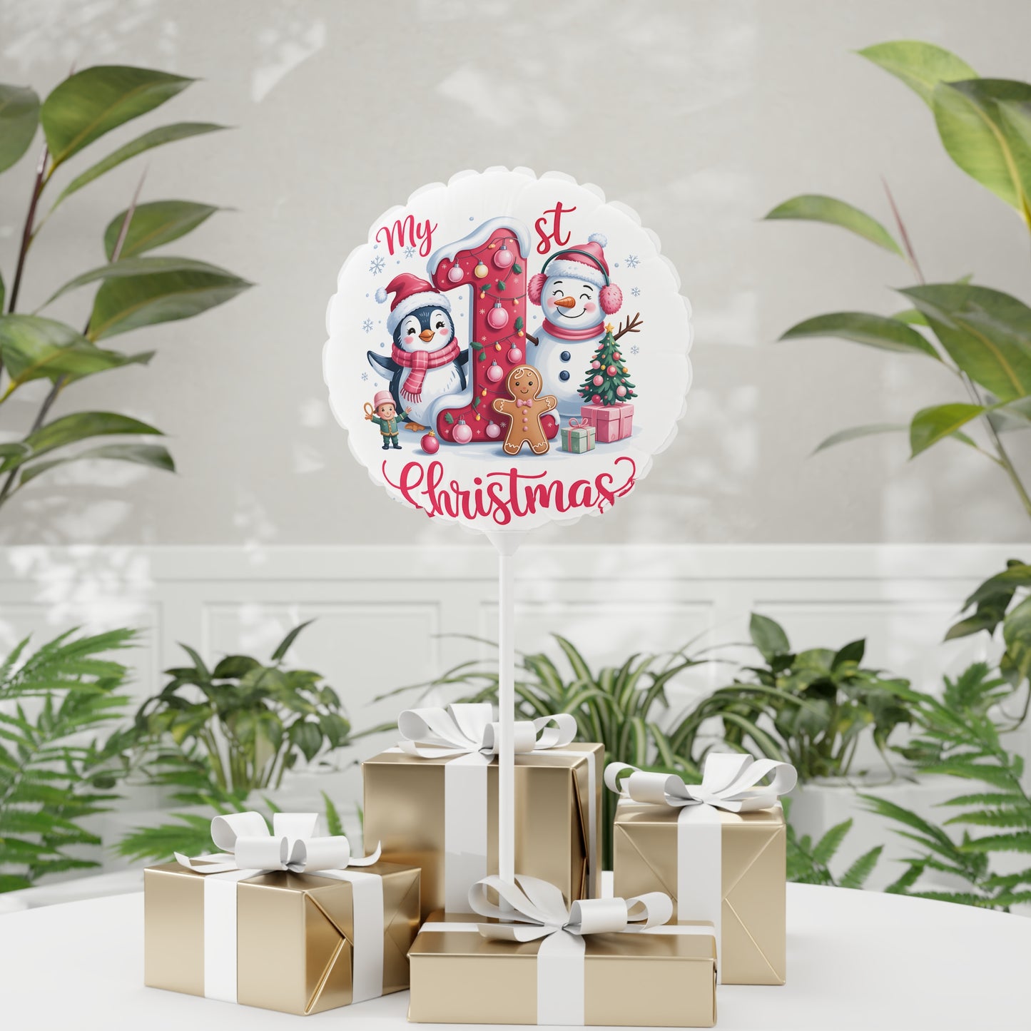 1st Christmas Balloon — Holiday Penguin & Snowman 11" Round/Heart Foil
