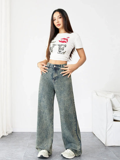 Chic Loose Fit Wide Leg Denim Jeans for Women High Waist Flattering Pants Vintage Style Baggy Jeans Streetwear Outfit
